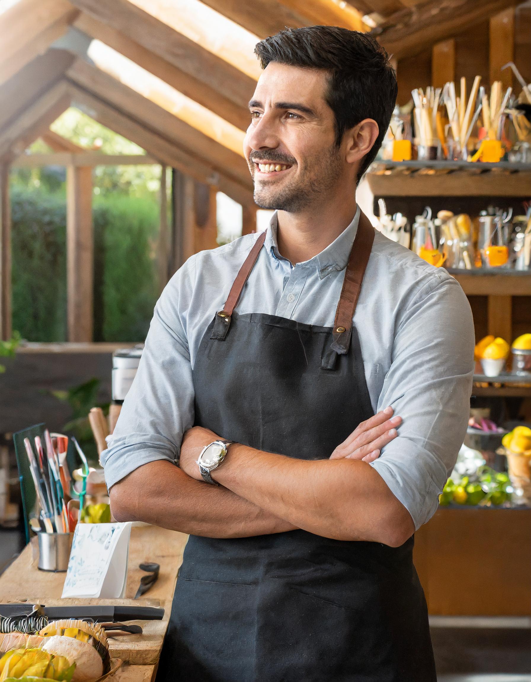 Italienischer Mann, der in einem freundlichen und modernen Restaurant arbeitet